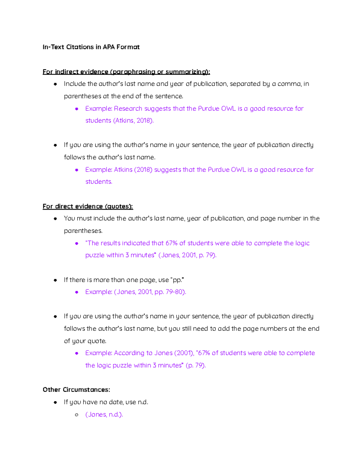 APA In-Text Citation Cheat Sheet (EN 504 24-25) - In-Text Citations in ...
