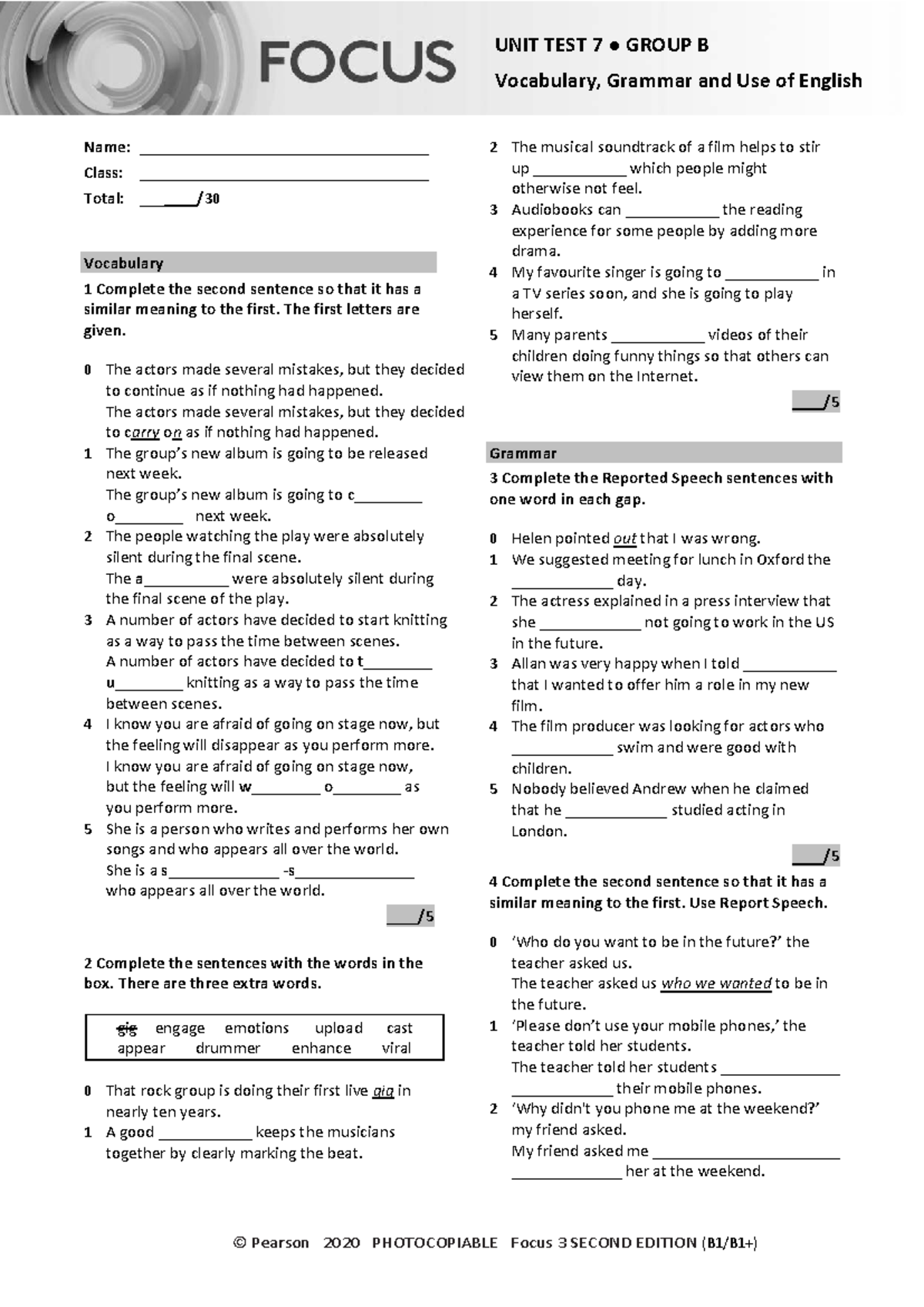 Focus 3 2E Unit Test 7 Group B: Vocabulary & Grammar Review - Studocu