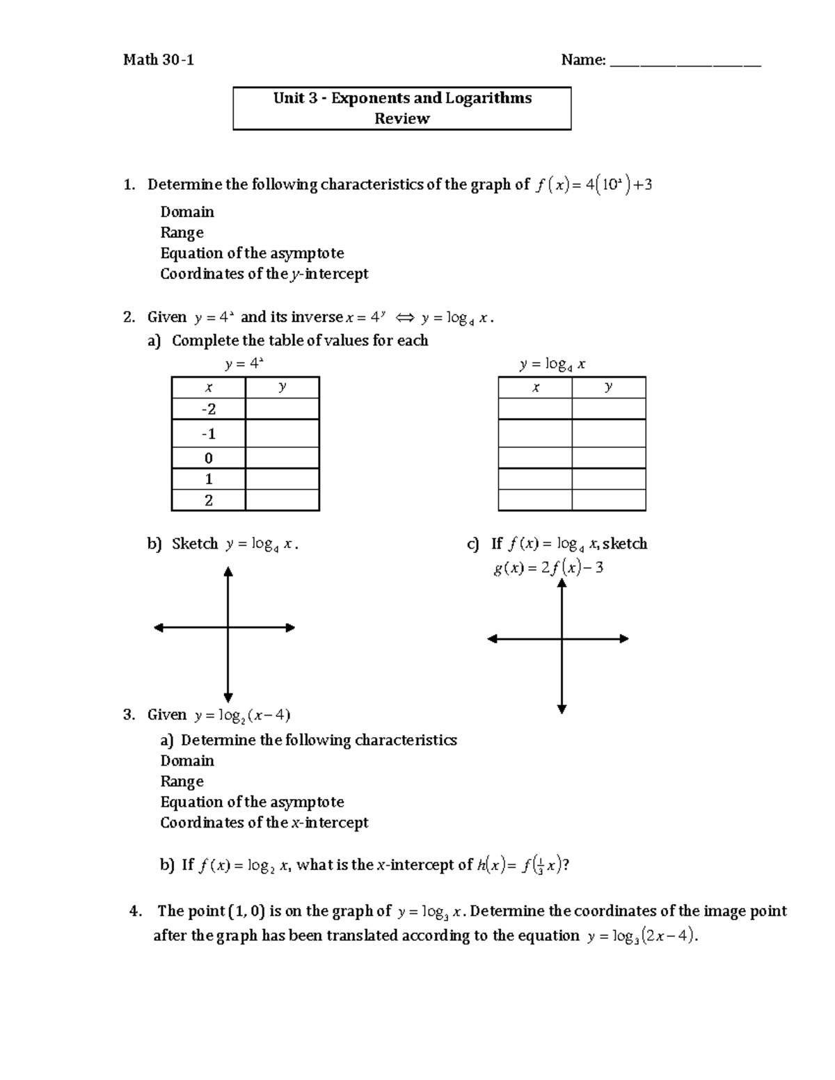 Exponents and Logarithms Review - Math 101 - Studocu