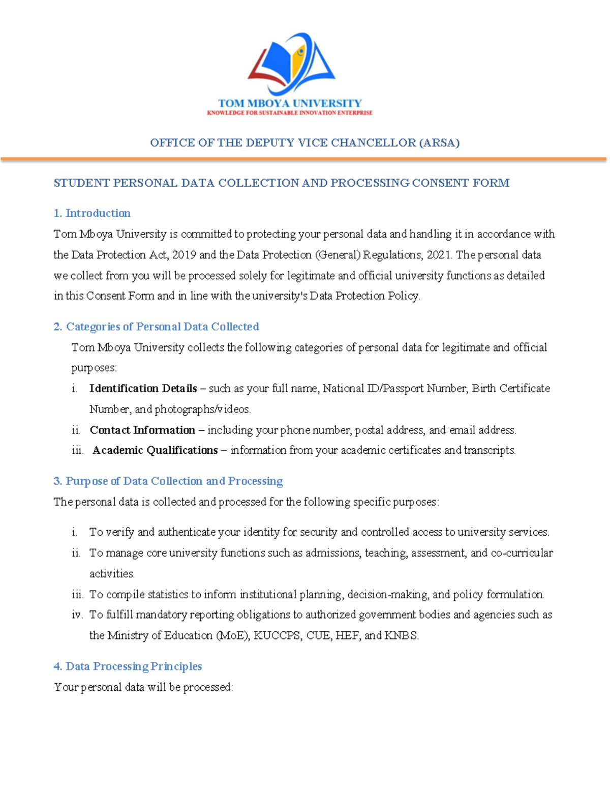 Tom Mboya University Data Consent Form (ARSA) - Studocu