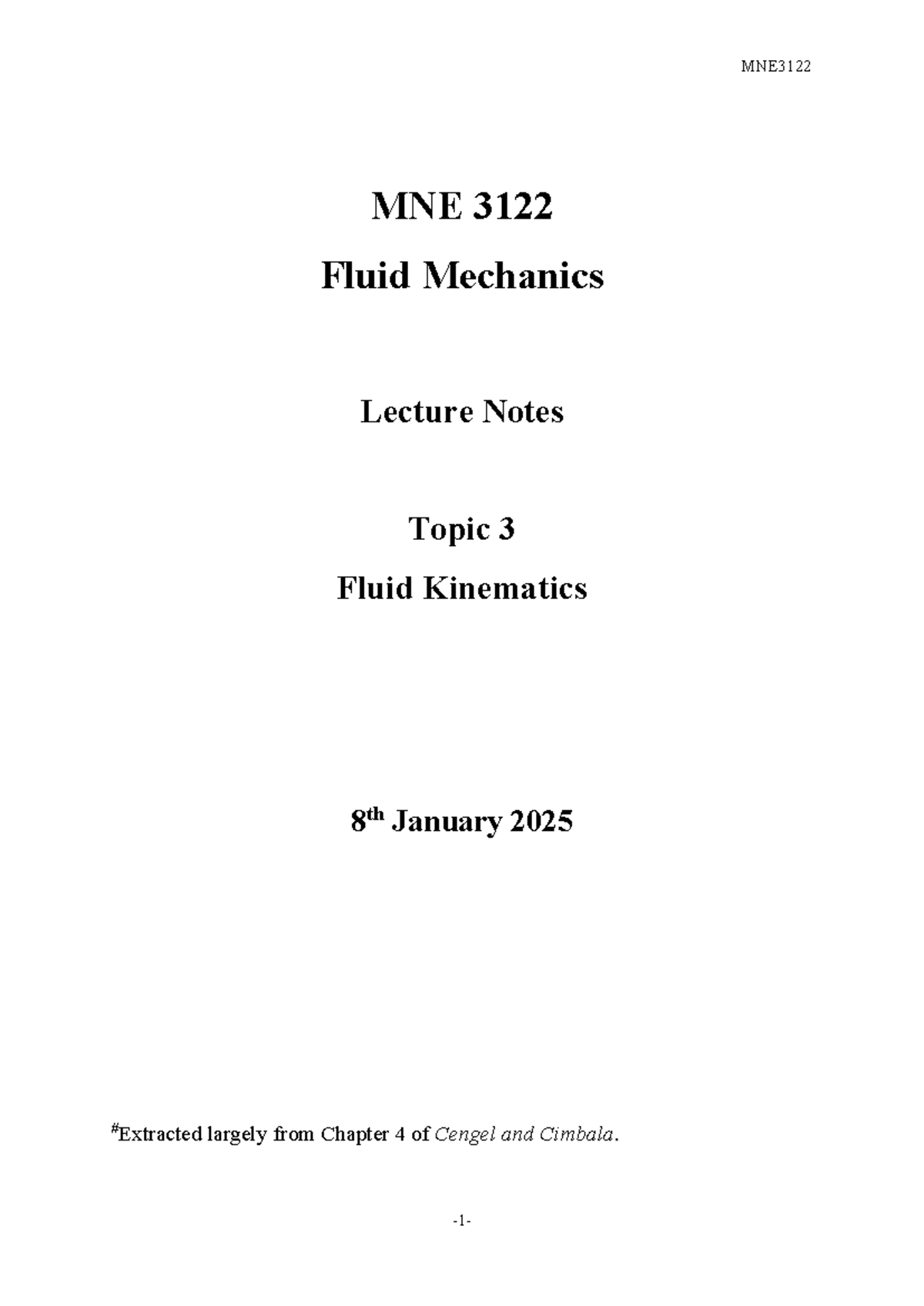 MNE3122 Fluid Mechanics Lecture Notes: Topic 3 - Fluid Kinematics - Studocu