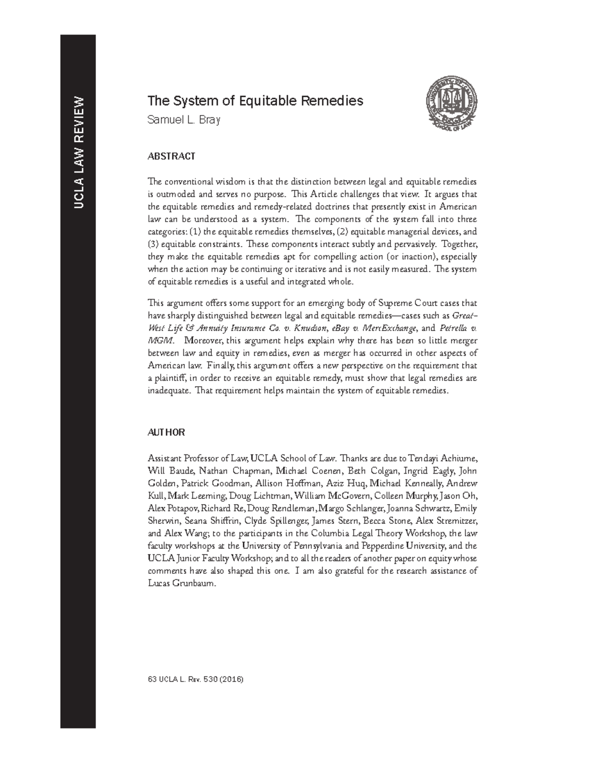 Bray-63-3 - Article - The System of Equitable Remedies Samuel L. Bray ...