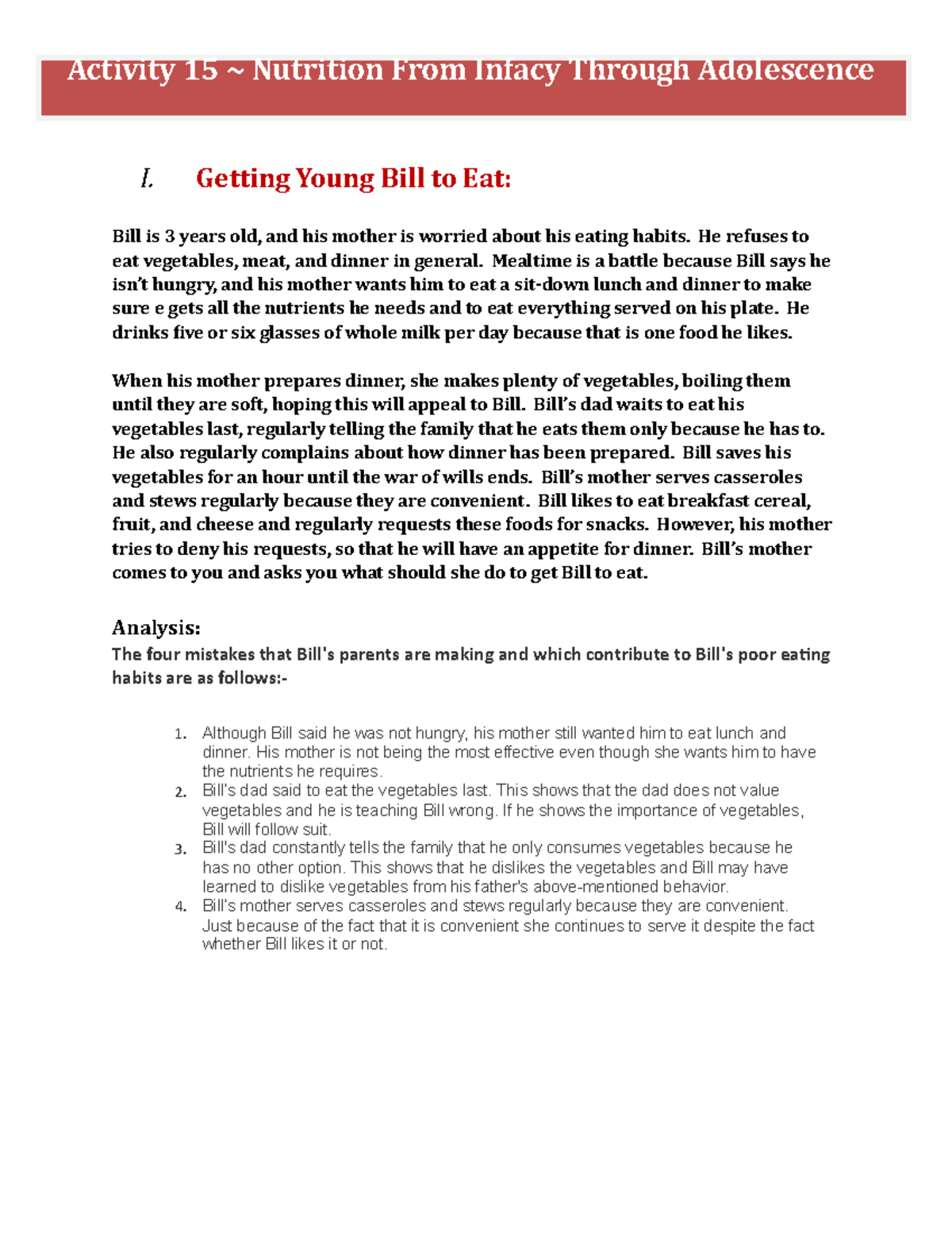 Activity 15 - Strategies to Improve Young Bill's Eating Habits - Studocu