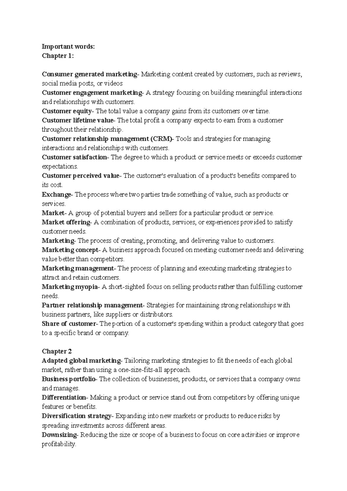 Key Terms in Marketing Principles - Chapter Summary for MKT 101 - Studocu