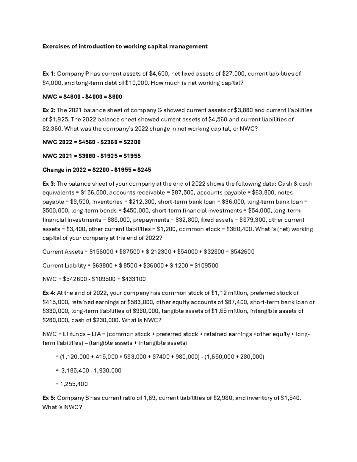 Exercises on Working Capital Management (WCM) and Inventory Management ...