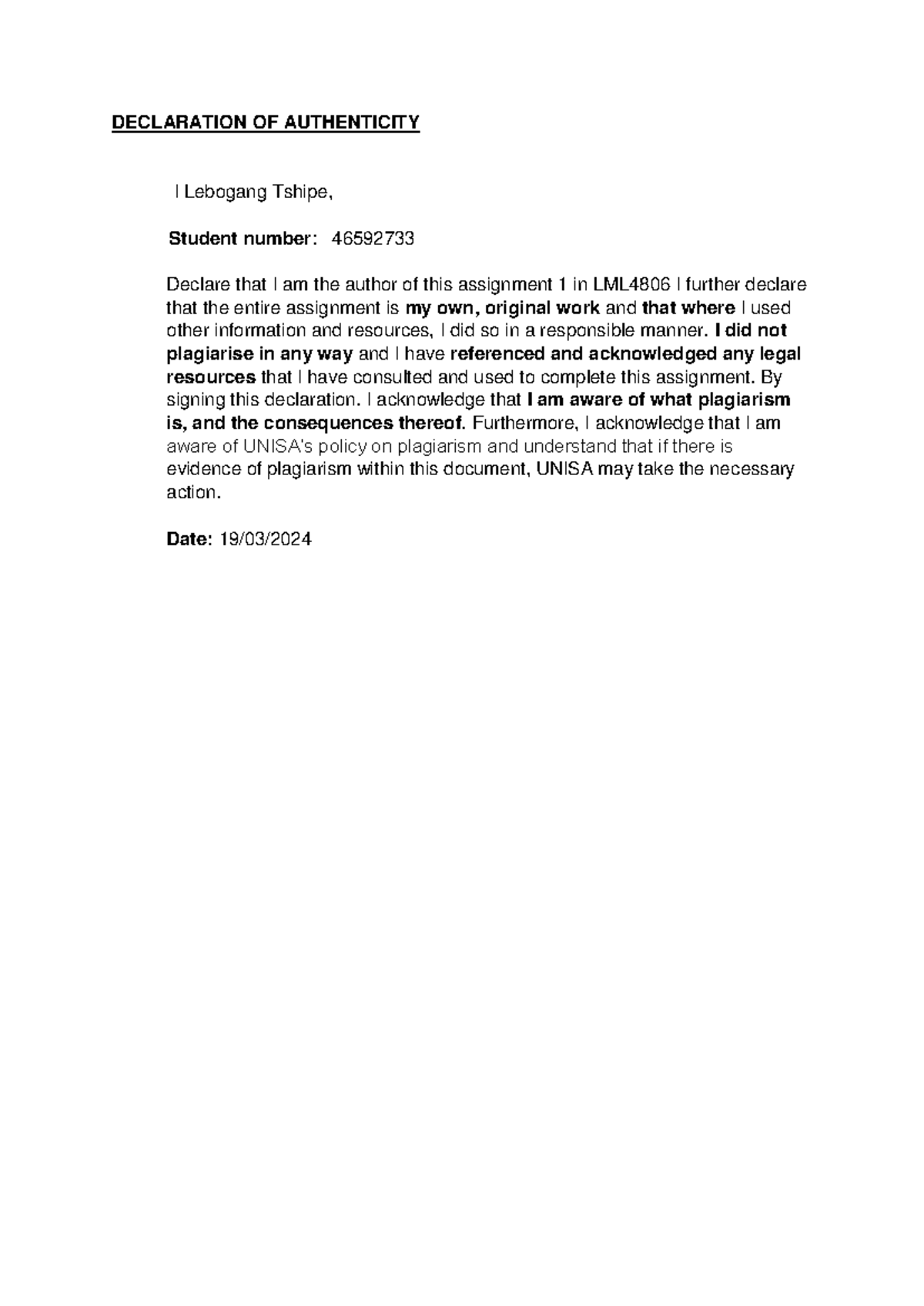 LML ASS 1. 46592733 - Assignment - DECLARATION OF AUTHENTICITY I ...