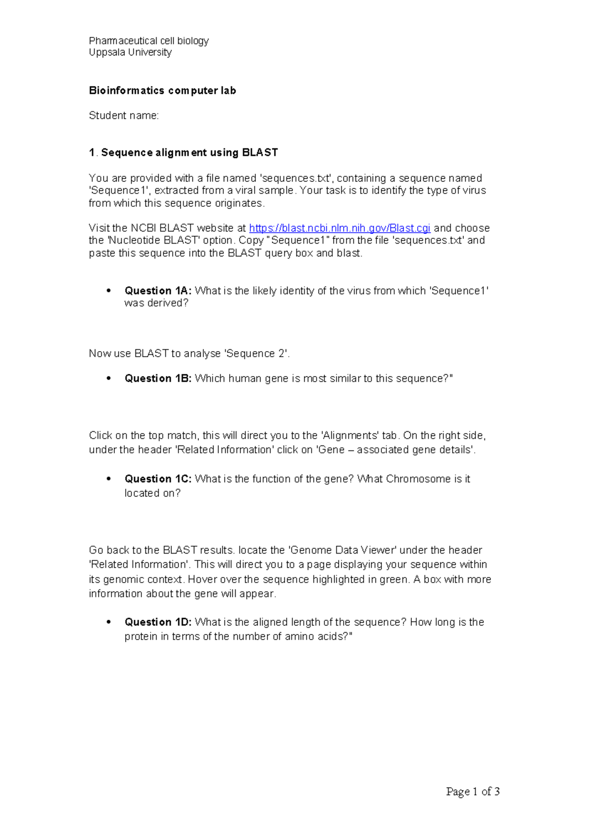 Bioinformatics Lab Questions 1 - Uppsala University - Studocu