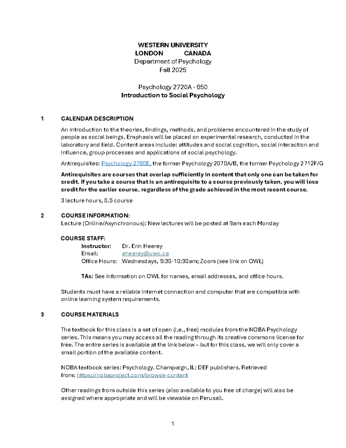 Psychology 2720A 650: Intro to Social Psychology Course Outline Fall ...