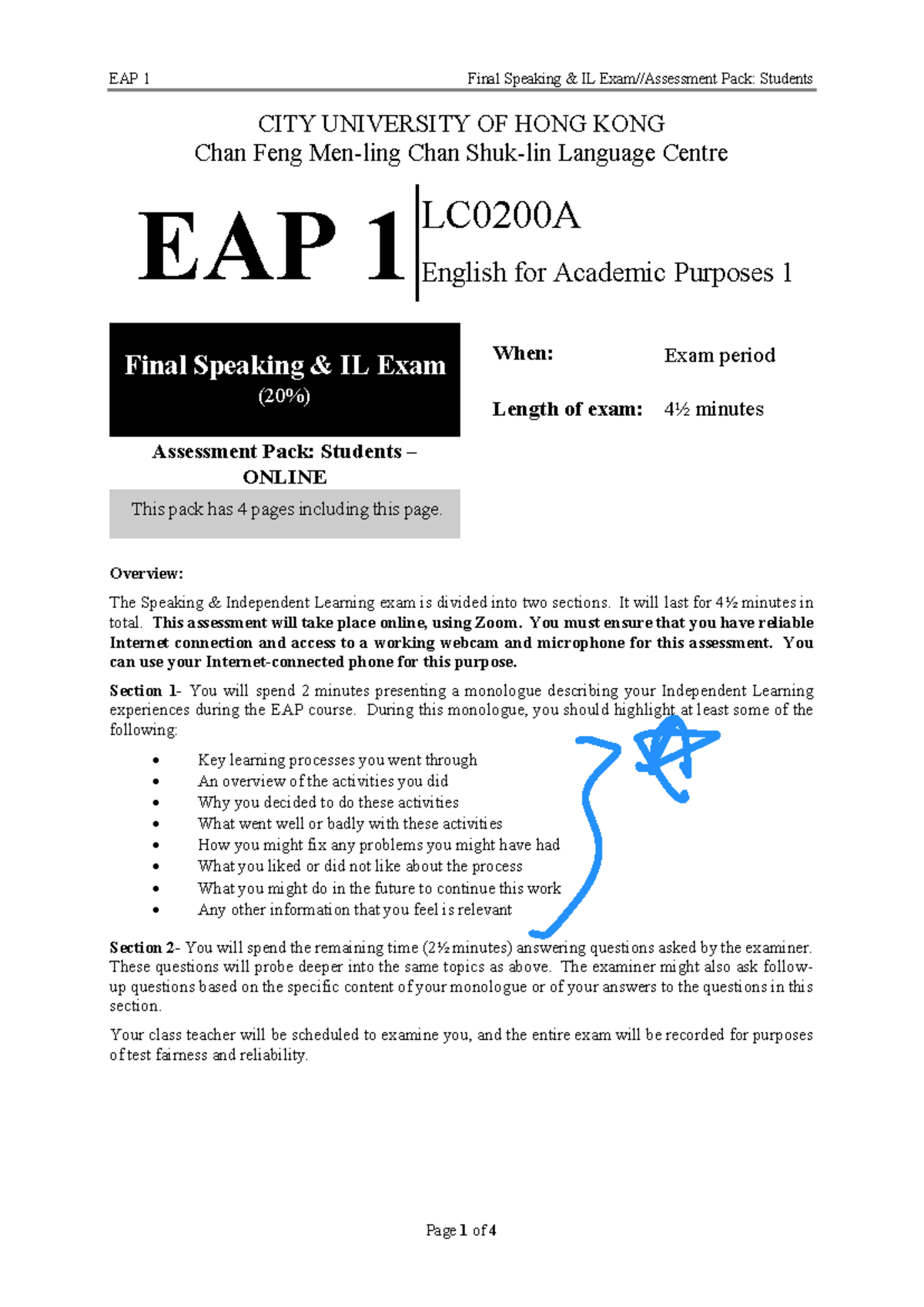 EAP 1 Final Speaking IL Exam Assessment Pack for Students - Studocu