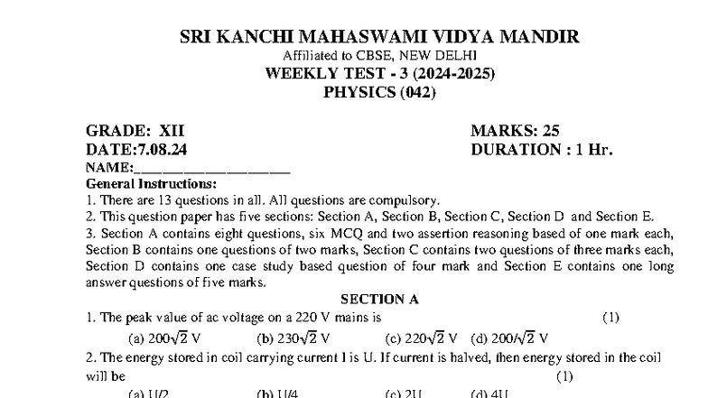 Weekly Test 3 - Physics (042) for Grade XII - 2024-2025 - Studocu