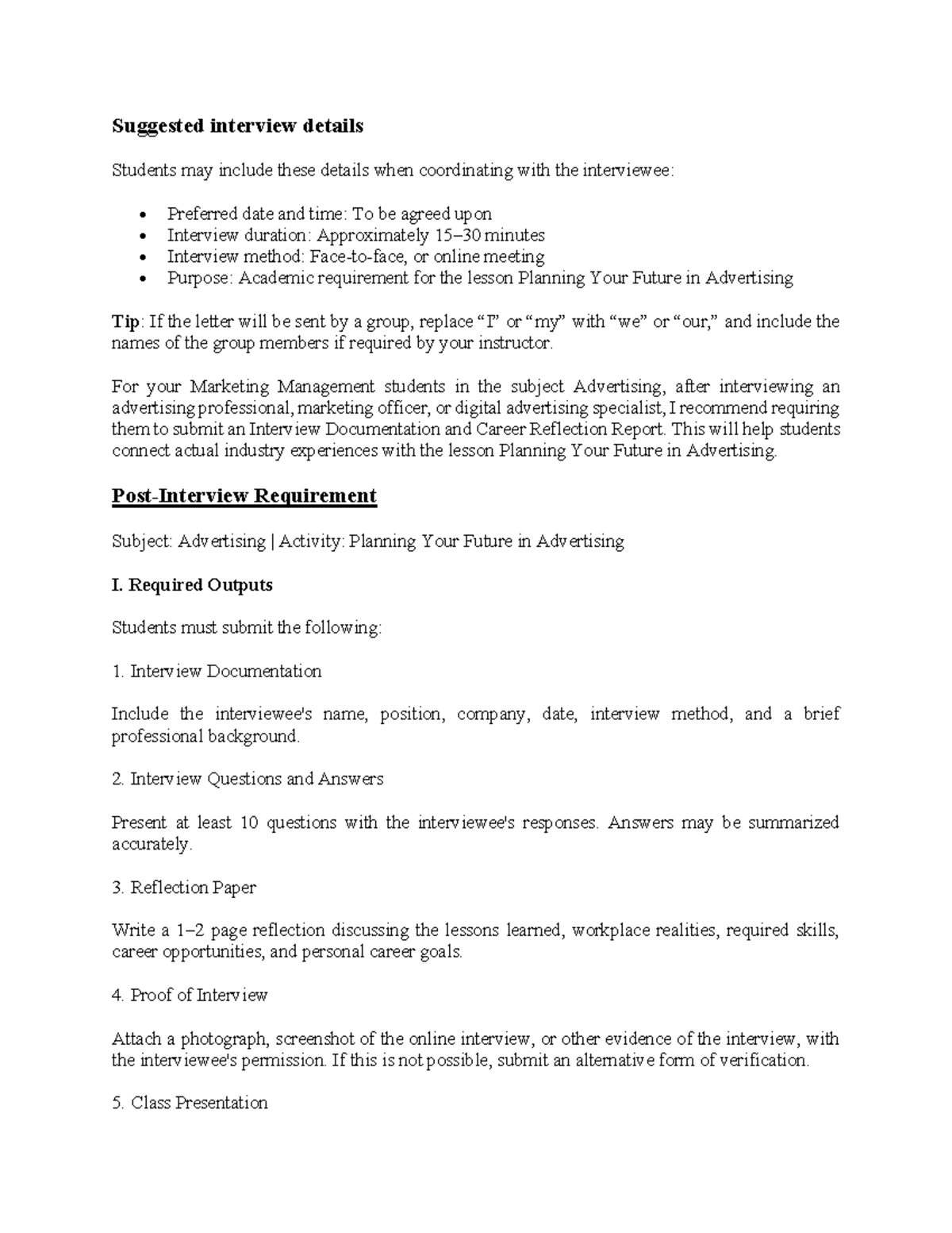 Advertising Interview Guidelines and Reflection Report (MKT 101) - Studocu