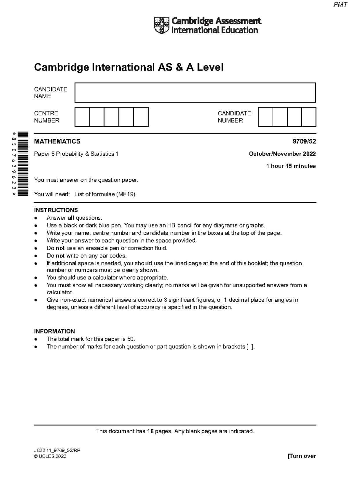 PMT Cambridge International AS A Level Mathematics Paper 5: Probability ...