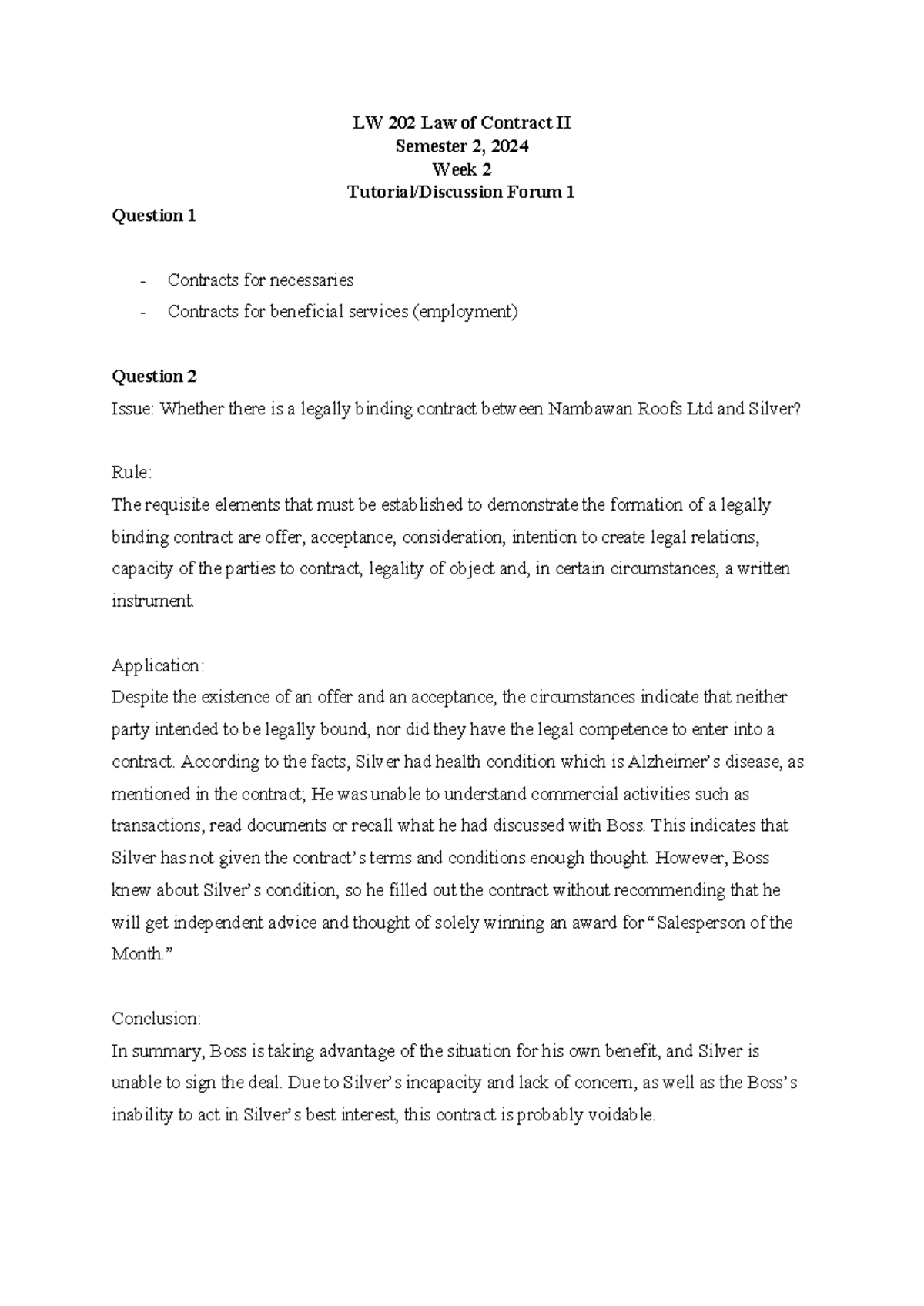 LW 202 Law of Contract II Semester 2, 2024 Week 2 Forum 1 Analysis ...
