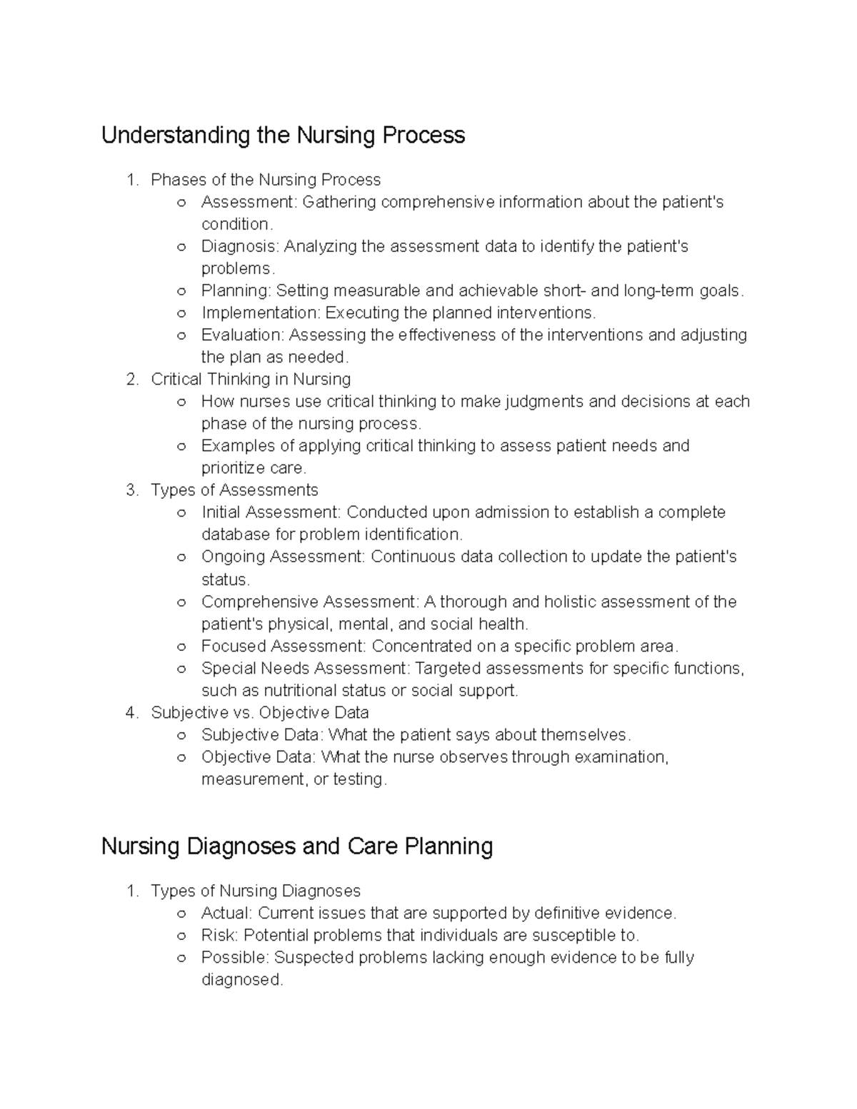 NUR 101: Nursing Process & Critical Thinking Study Guide - Studocu