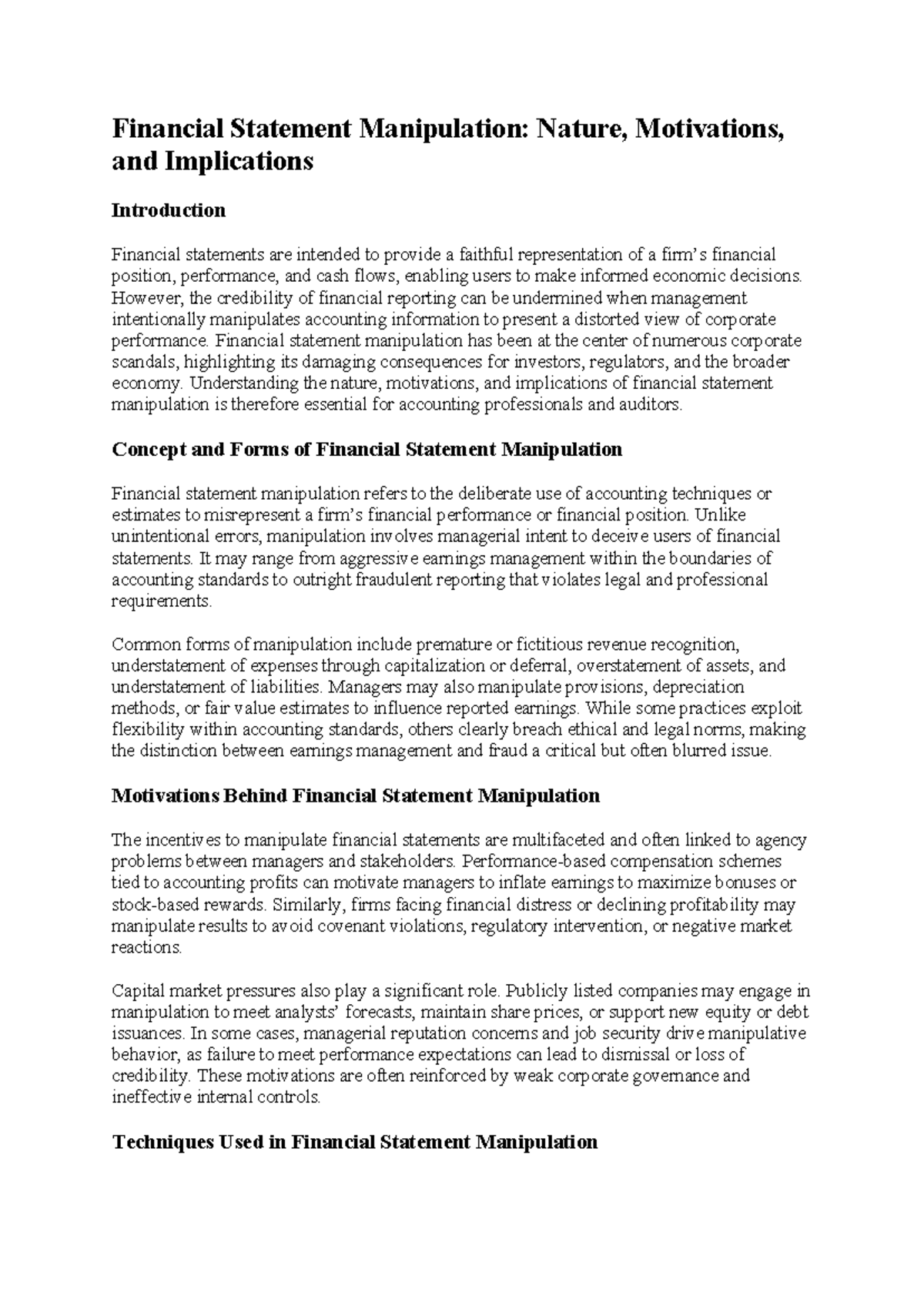 Financial Statement Manipulation: Nature, Motivations & Implications ...