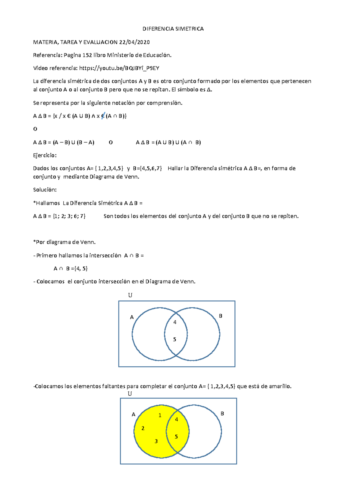 Diferencia Simétrica de Conjuntos - Tarea y Evaluación MATEMÁTICA - Studocu