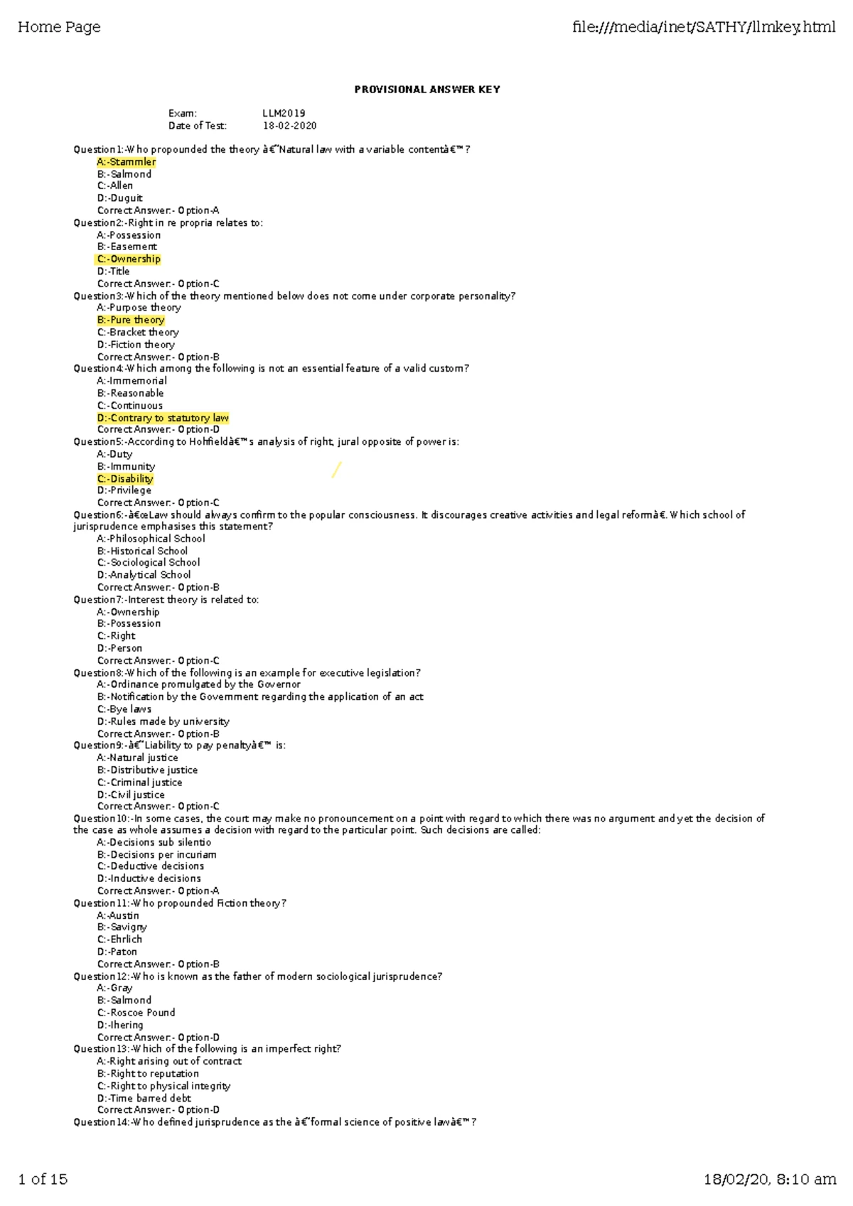 Llm 2020 - question paper - PROVISIONAL ANSWER KEY Exam: LLM- Date of ...