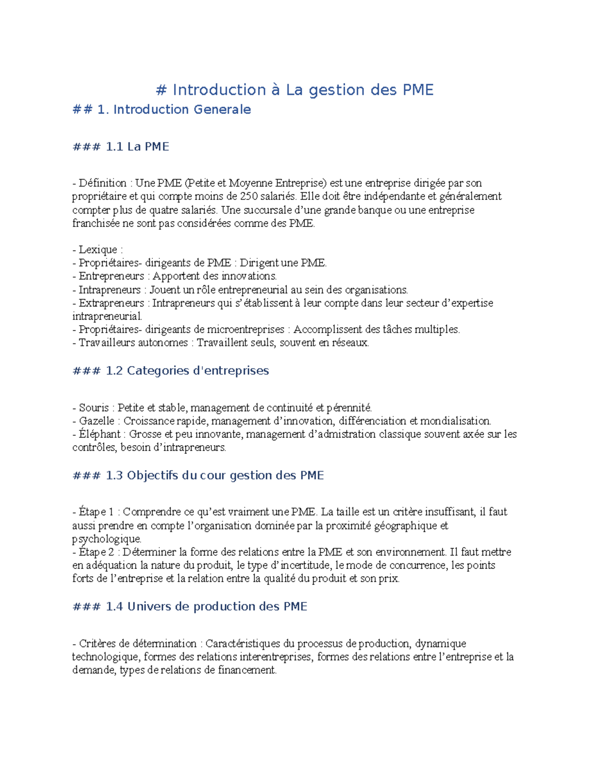 Notes de Chapitre 1 - La Gestion des PME (Cours PME 101) - Studocu