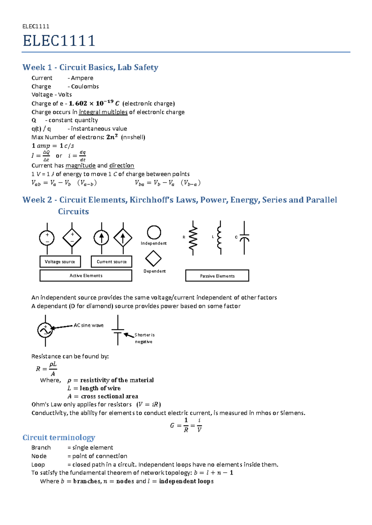 ELEC1111 - Week 1 to 5 Circuit Theory Notes - Studocu