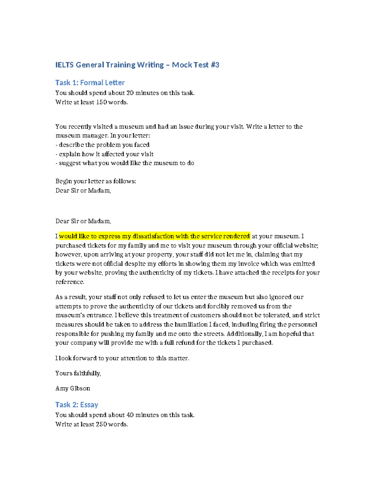 IELTS GT Writing Mock Test 3 - Formal Letter & Essay Prep - Studocu