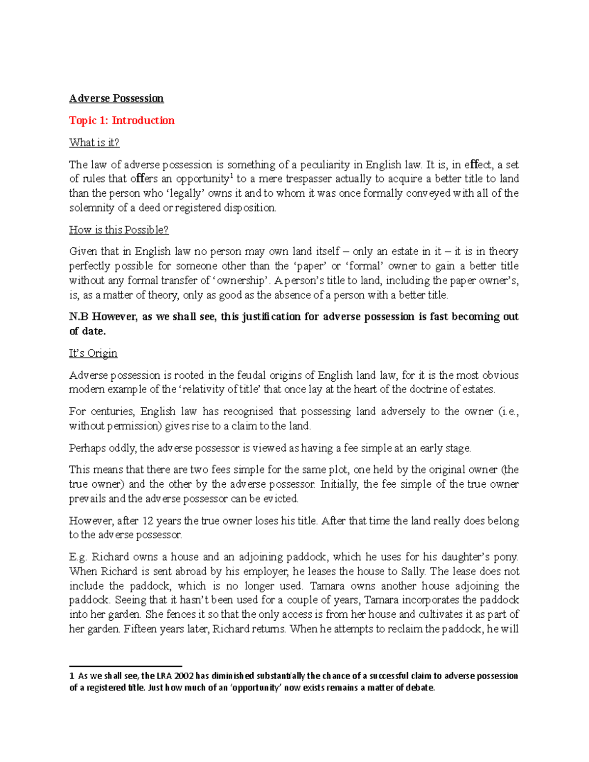 Adverse Possession Overview: Key Notes on English Law Principles - Studocu