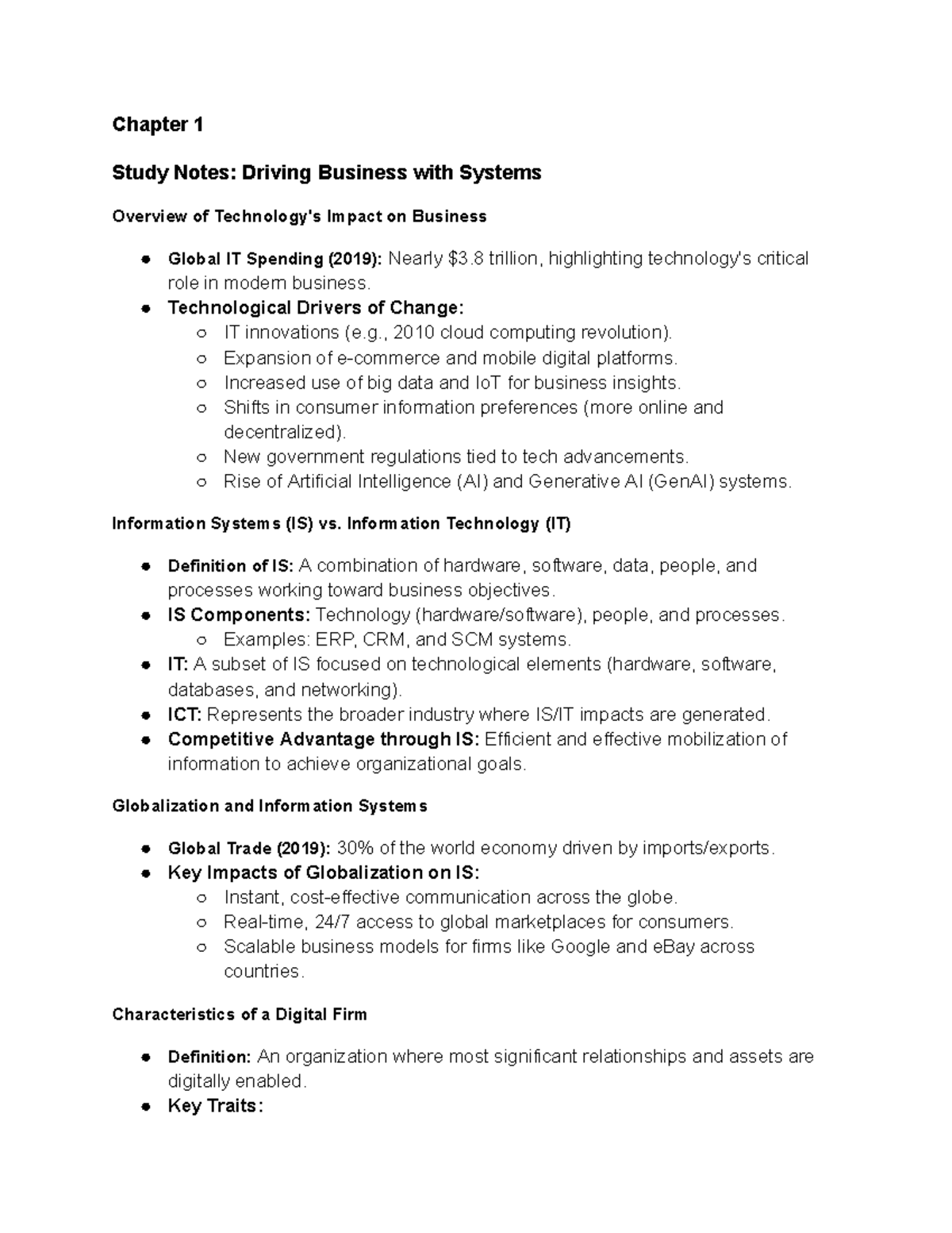 Mcs 2020 - Notes - Chapter 1 Study Notes: Driving Business with Systems ...