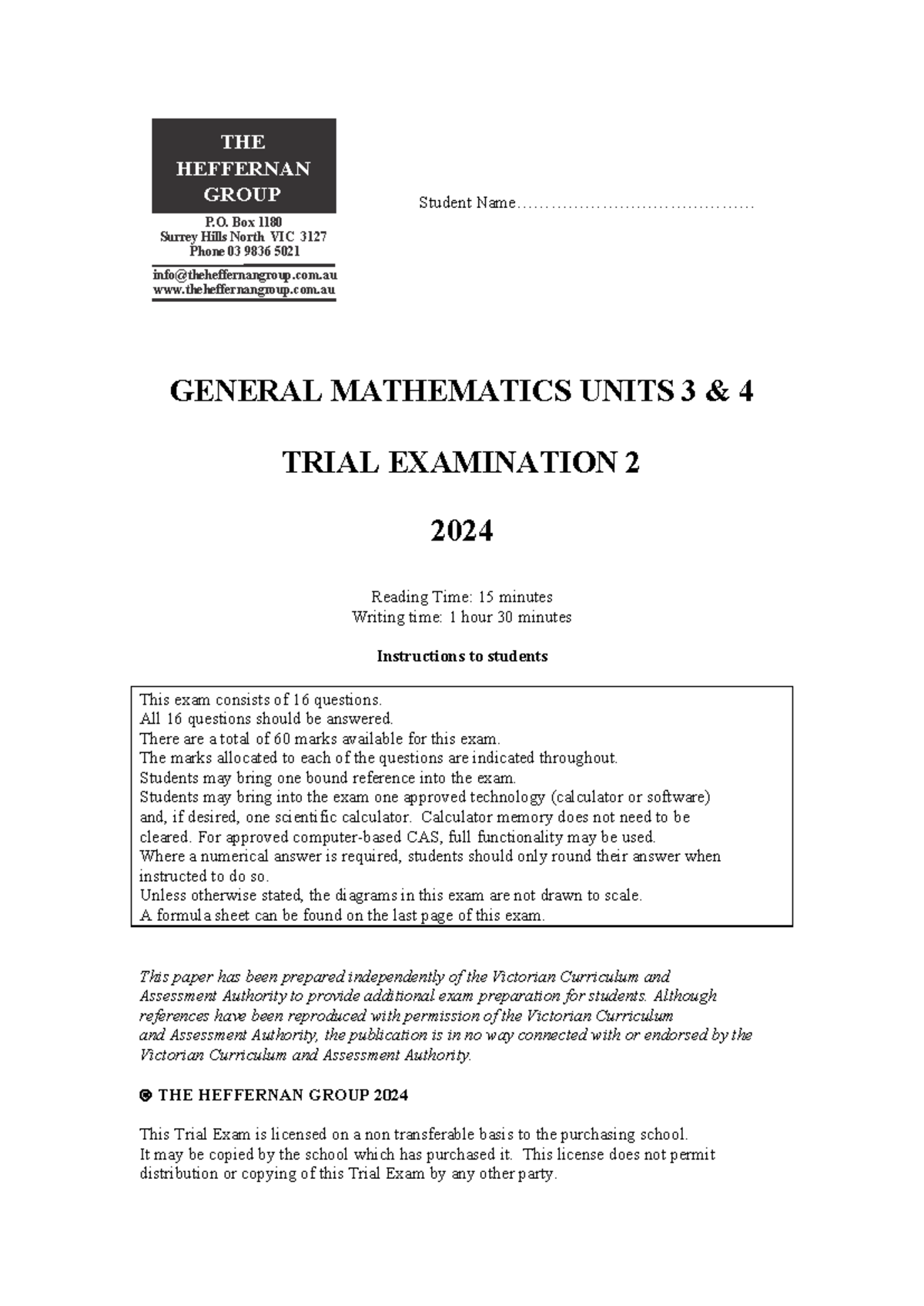 2024 General Mathematics Units 3 & 4 Trial Exam 2 - Heffernan Group ...