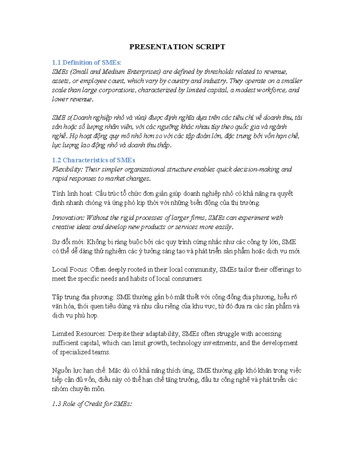 Presentation Script Final - PRESENTATION SCRIPT 1 Definition of SMEs ...