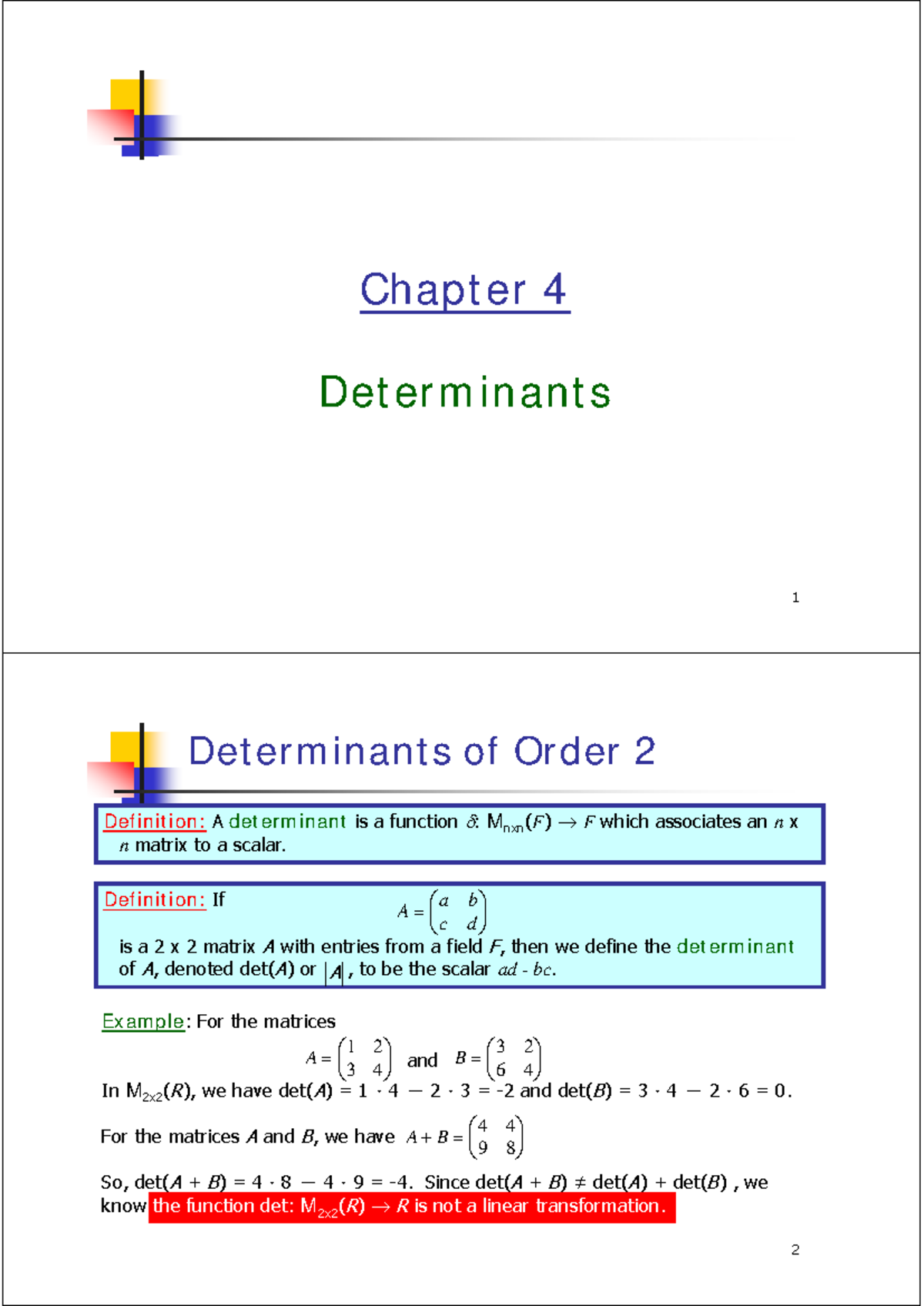 Chapter 4: Determinants of Order n - Lecture Notes (MATH 101) - Studocu