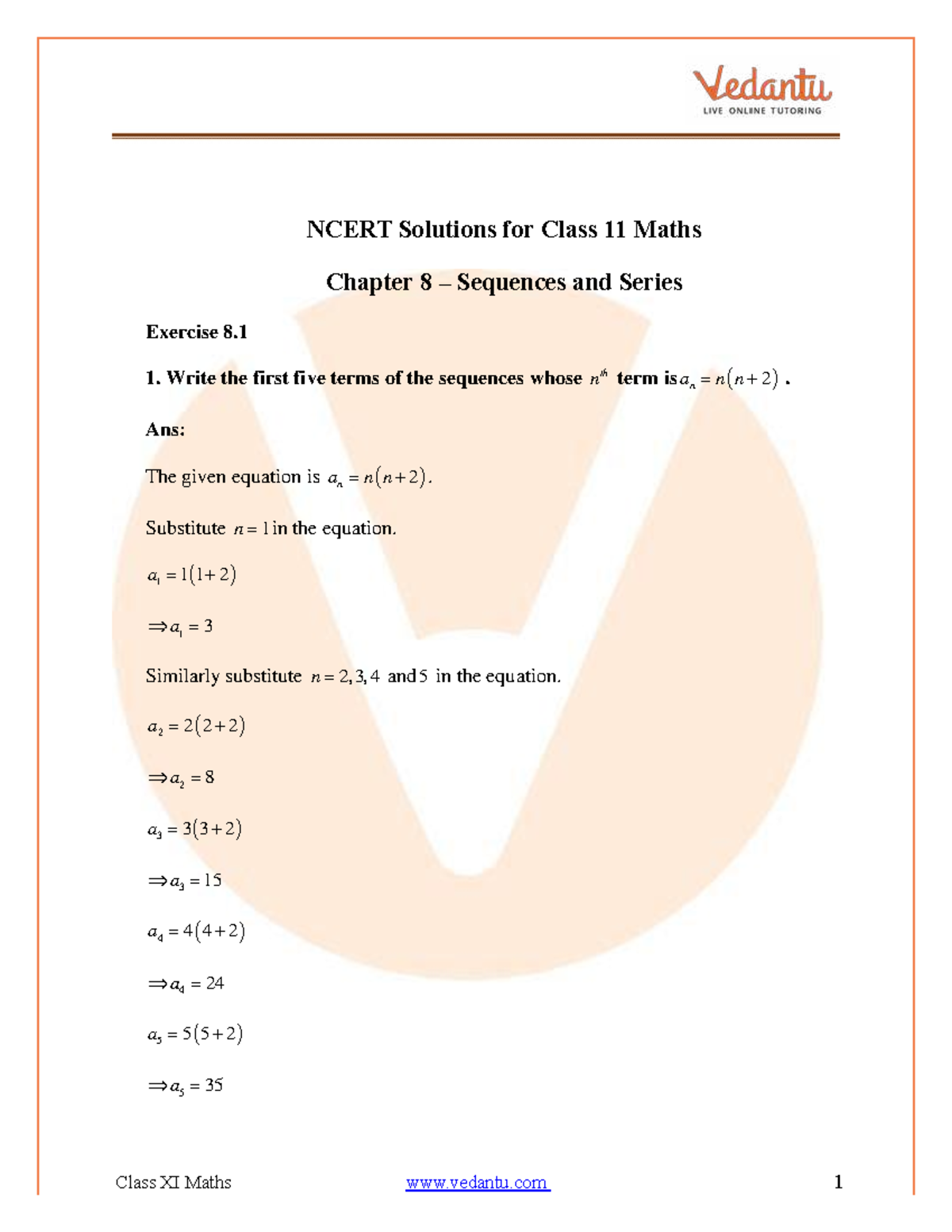 Ncert Solutions for Class 11 Maths Chapter 8: Sequences and Series ...