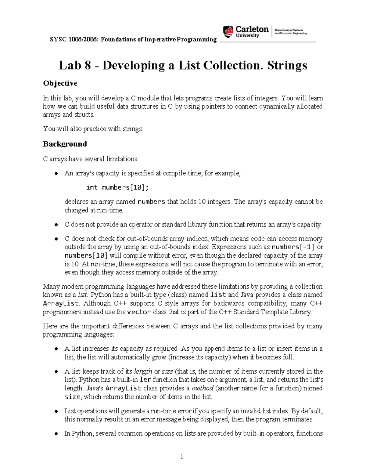 SYSC2006 Lab 08 - Developing a List Collection in C - Studocu