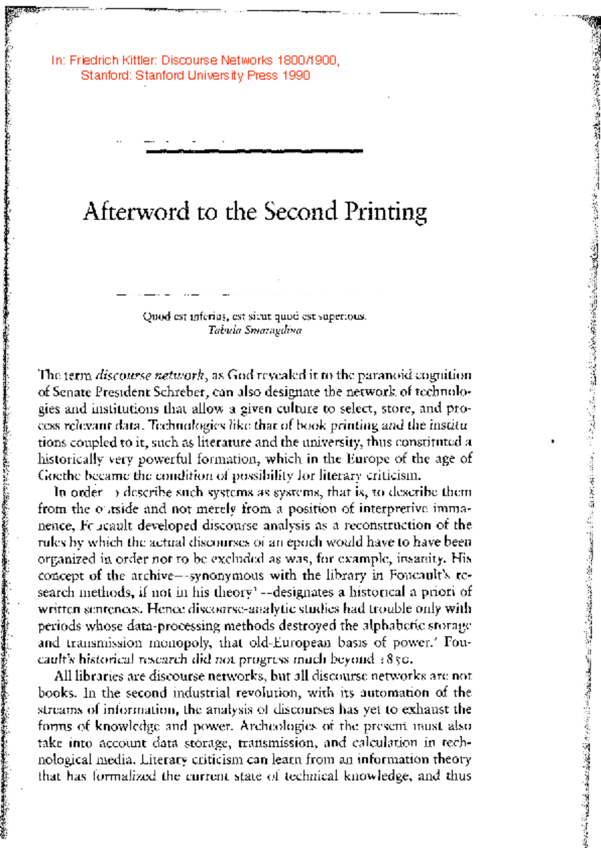 Discourse Networks 1800-1900: Analysis and Afterword by Kittler - Studocu