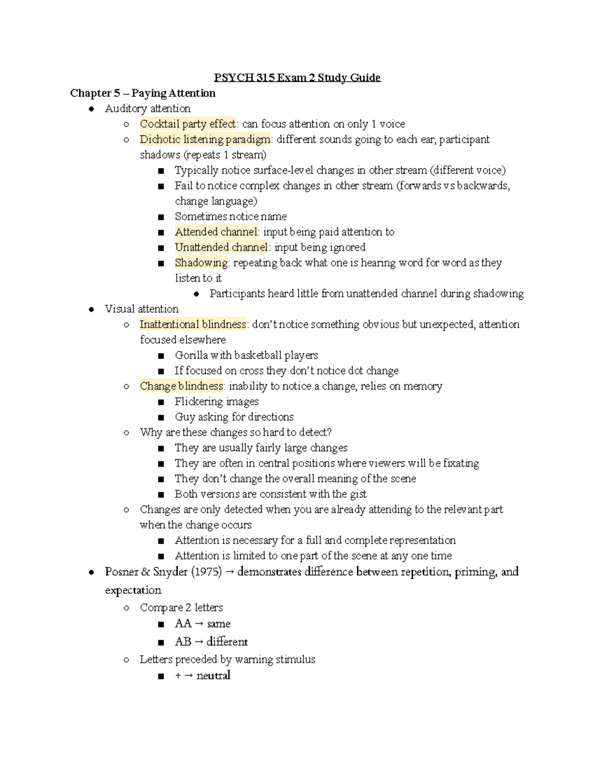 PSYCH315 Exam 2 Study Guide: Attention and Memory Concepts - Studocu