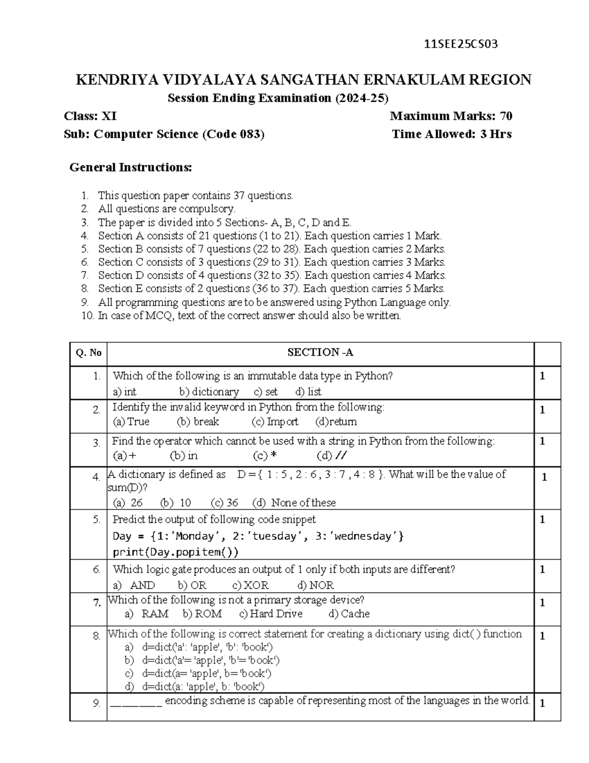11SEE25CS03 Class XI Computer Science Session Ending Exam QP - Studocu