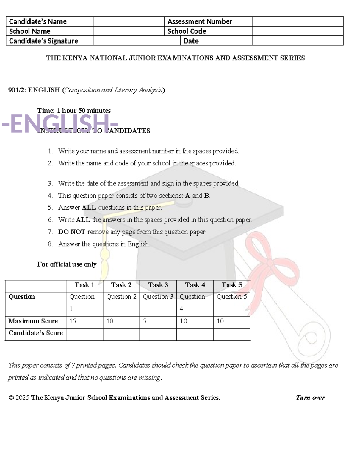 Grade 9 English Composition & Literary Analysis Exam PP2 - Studocu