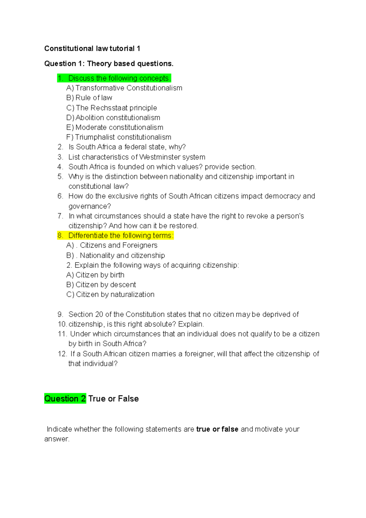 Constitutional law tutorial 1: Key concepts and citizenship issues ...