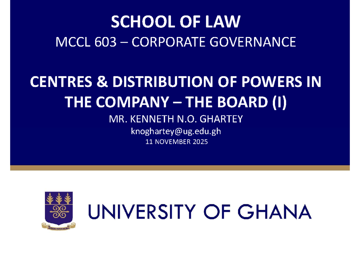 MCCL 603 Corporate Governance: Board Primacy & Power Distribution - Studocu