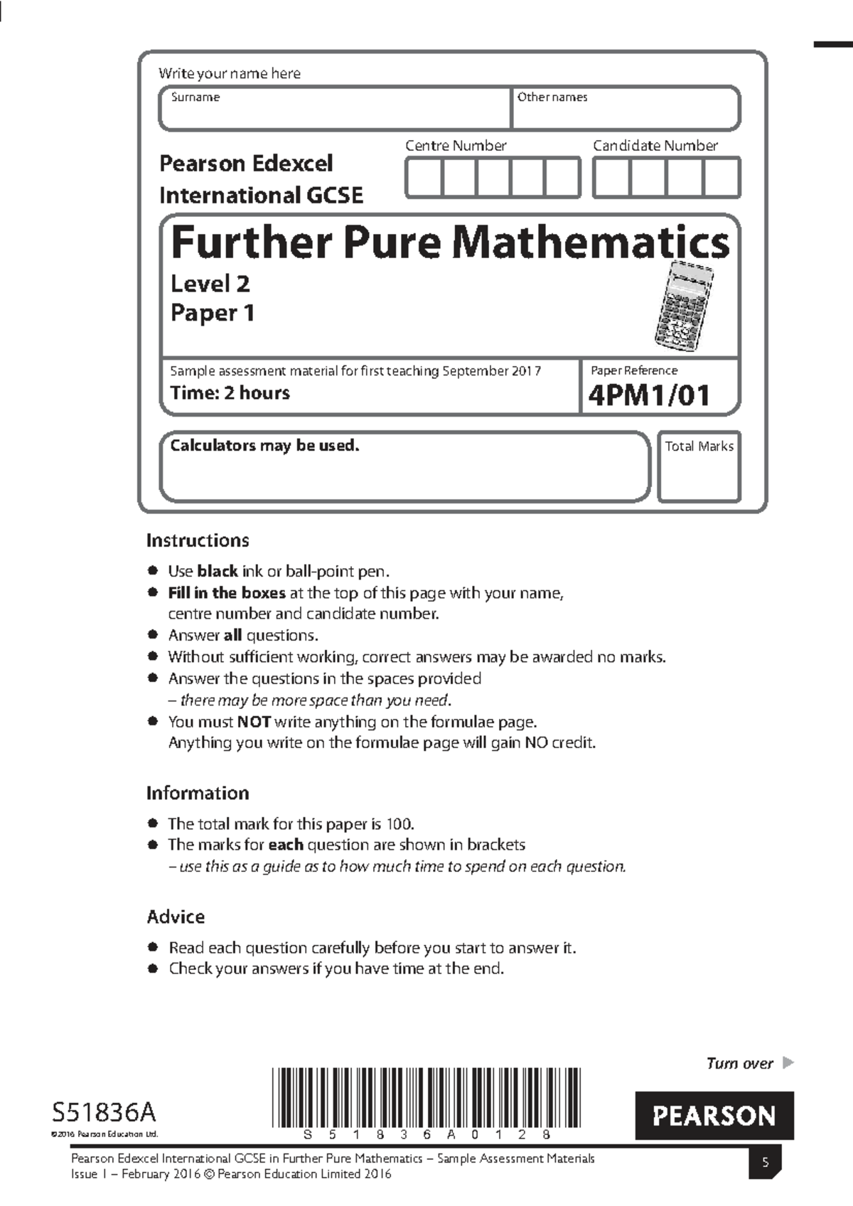 Edexcel IGCSE Further Pure Mathematics Specimen Paper 1 Questions - Studocu