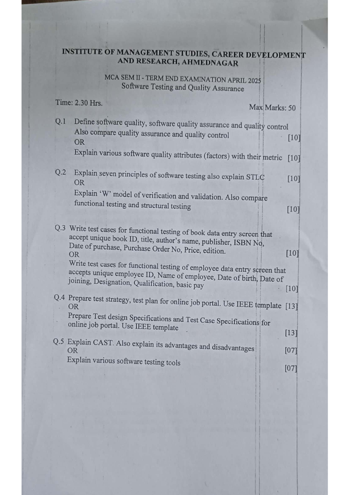 MCA Sem II Term End Exam April 2025: Software Testing & Quality ...