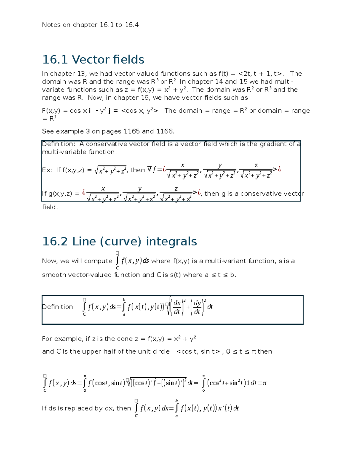 Notes on Vector Fields and Line Integrals (Ch 16.1-16.4) - Summary ...