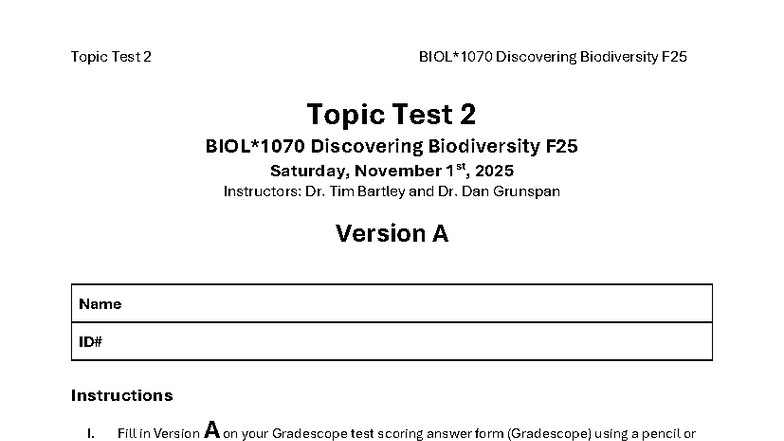 Topic Test 2: Discovering Biodiversity F25 - Version A Guide - Studocu