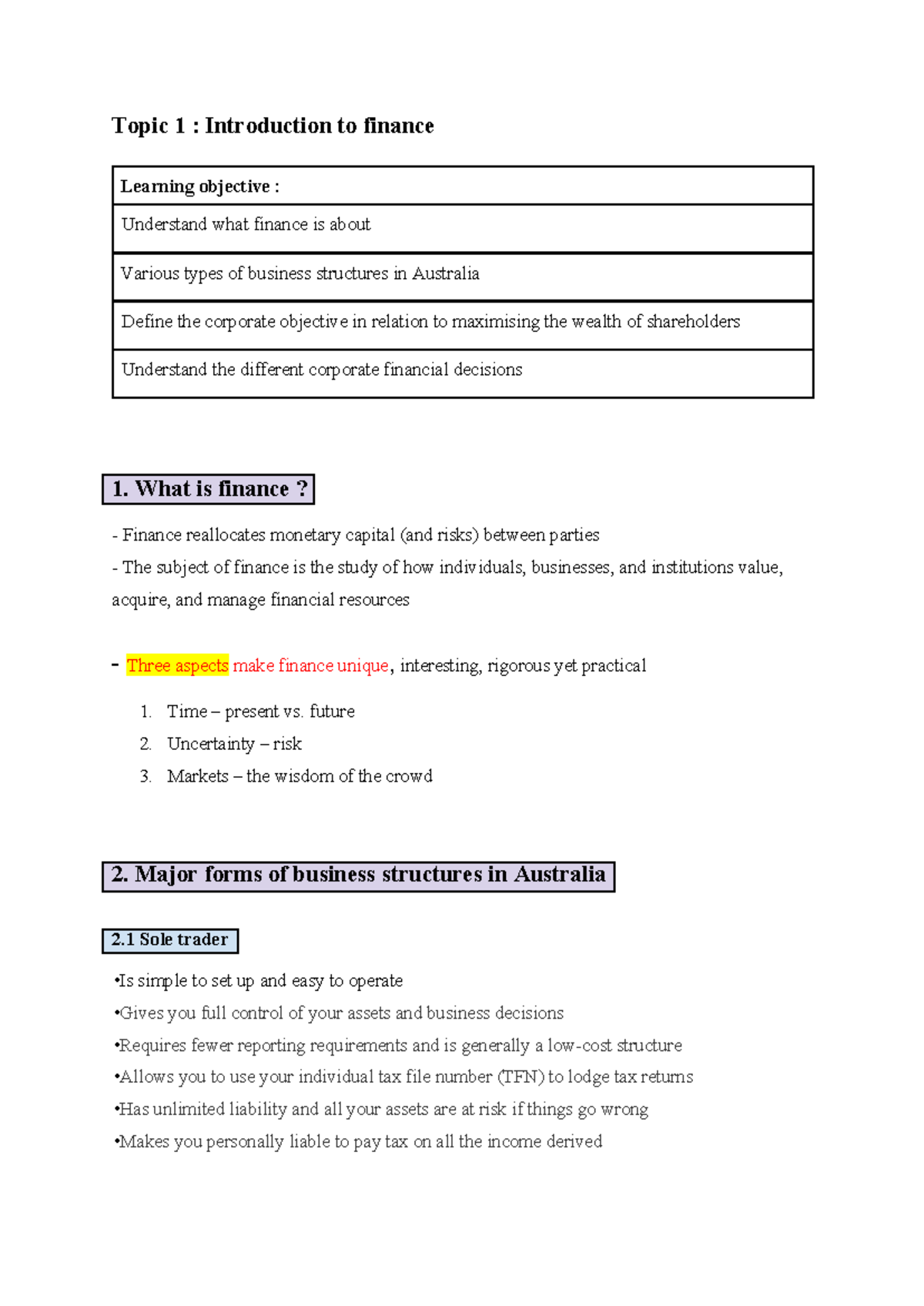 MAF101 - Intro to Finance: Business Structures & Corporate Objectives ...