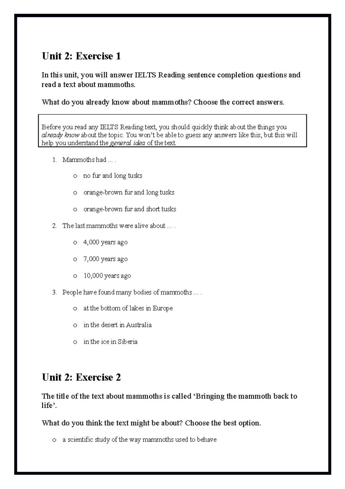 Unit 2 - IELTS Reading Practice: Mammoths & Sentence Completion - Studocu
