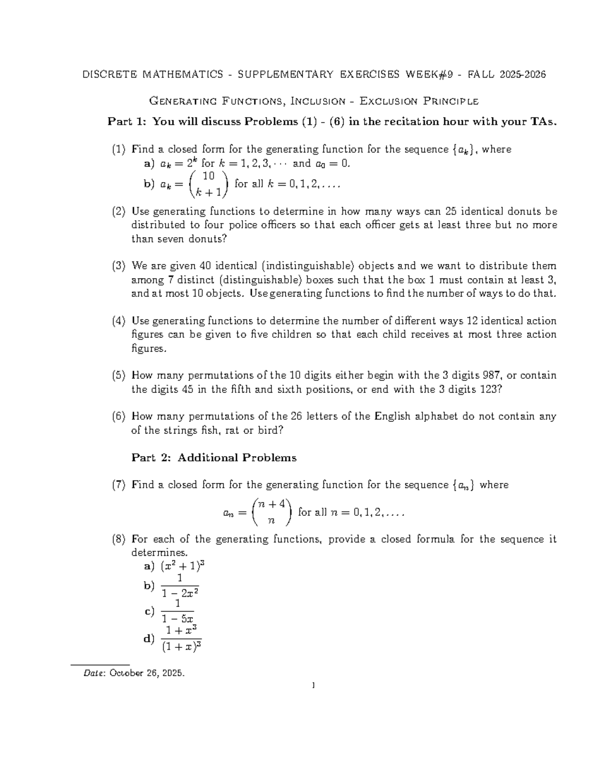 DISCRETE MATHEMATICS (MATH101) SUPPLEMENTARY EXERCISES WEEK 9 - Studocu