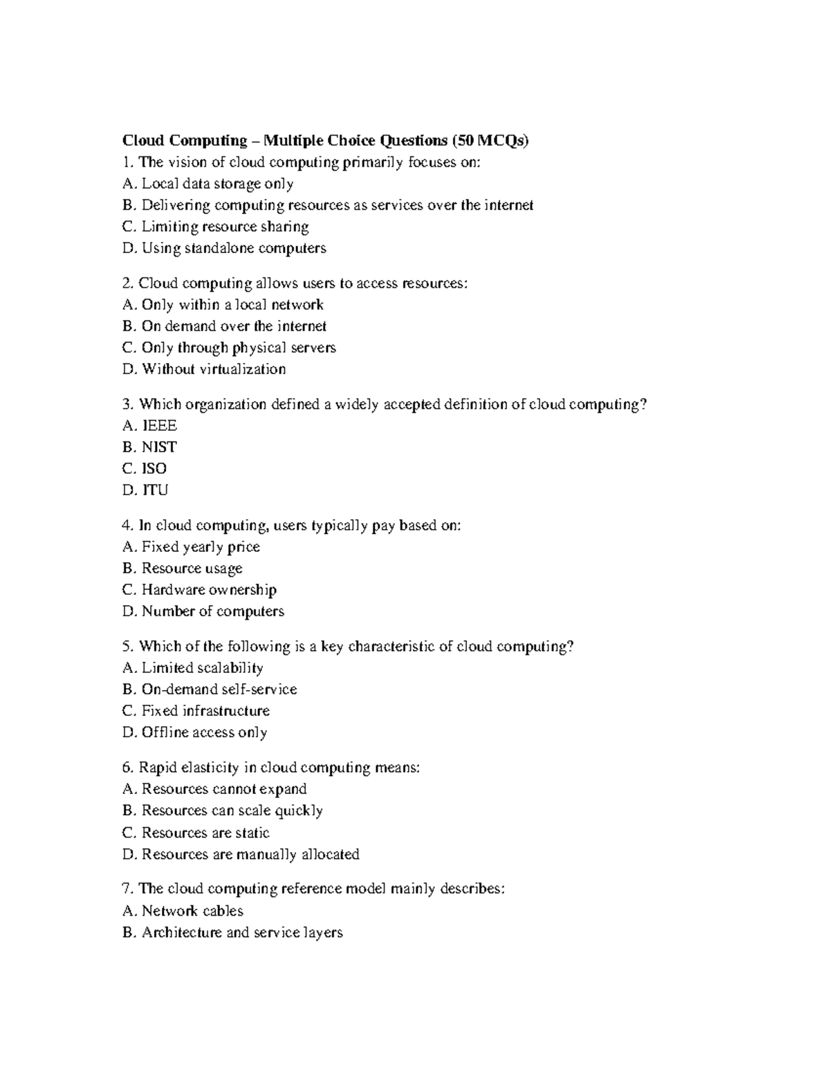 Cloud Computing MCQs (Unit-1) - 50 Questions for Review - Studocu