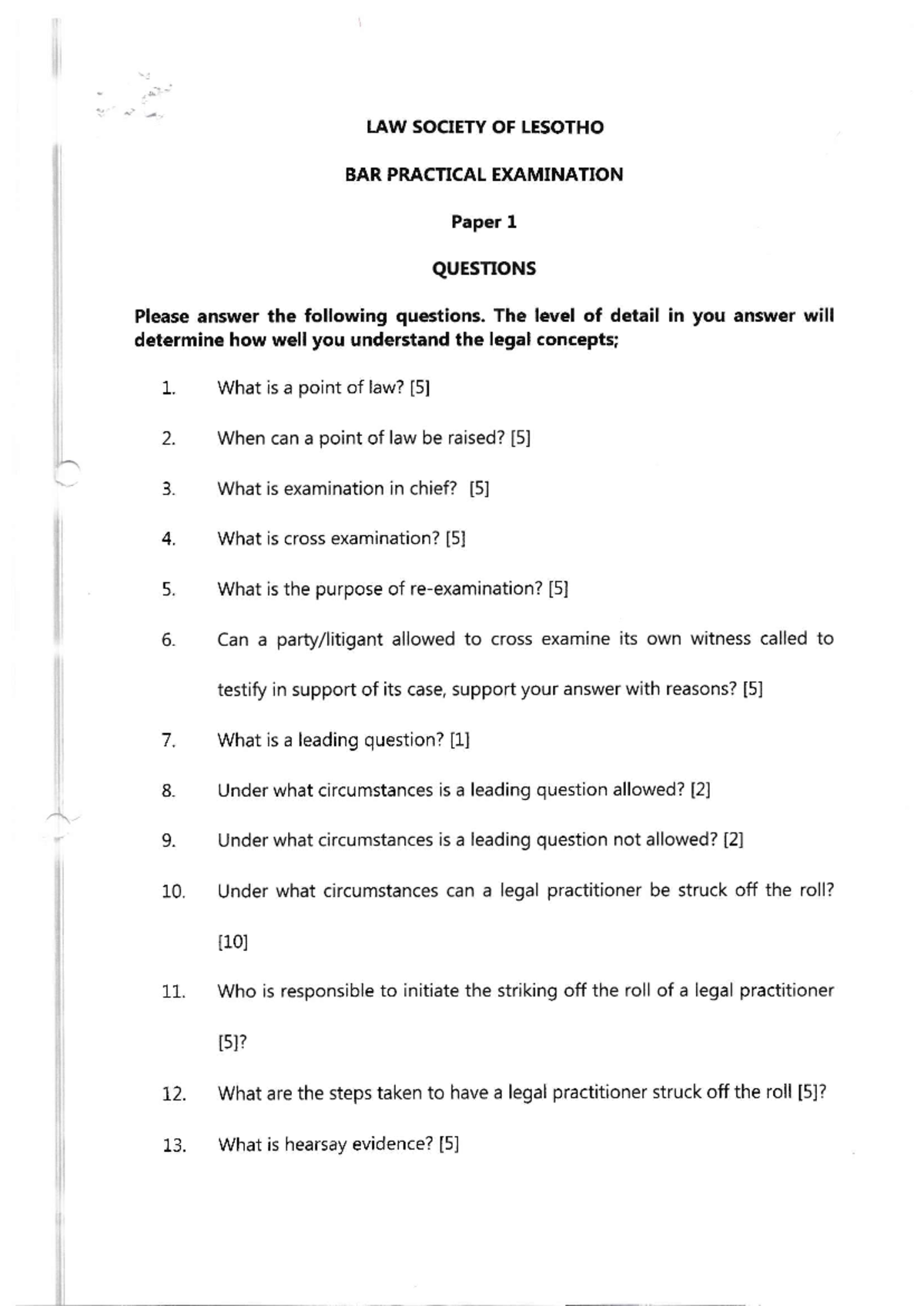 LAW SOCIETY OF LESOTHO BAR PRACTICAL EXAMINATION Paper I & II QUESTIONS ...