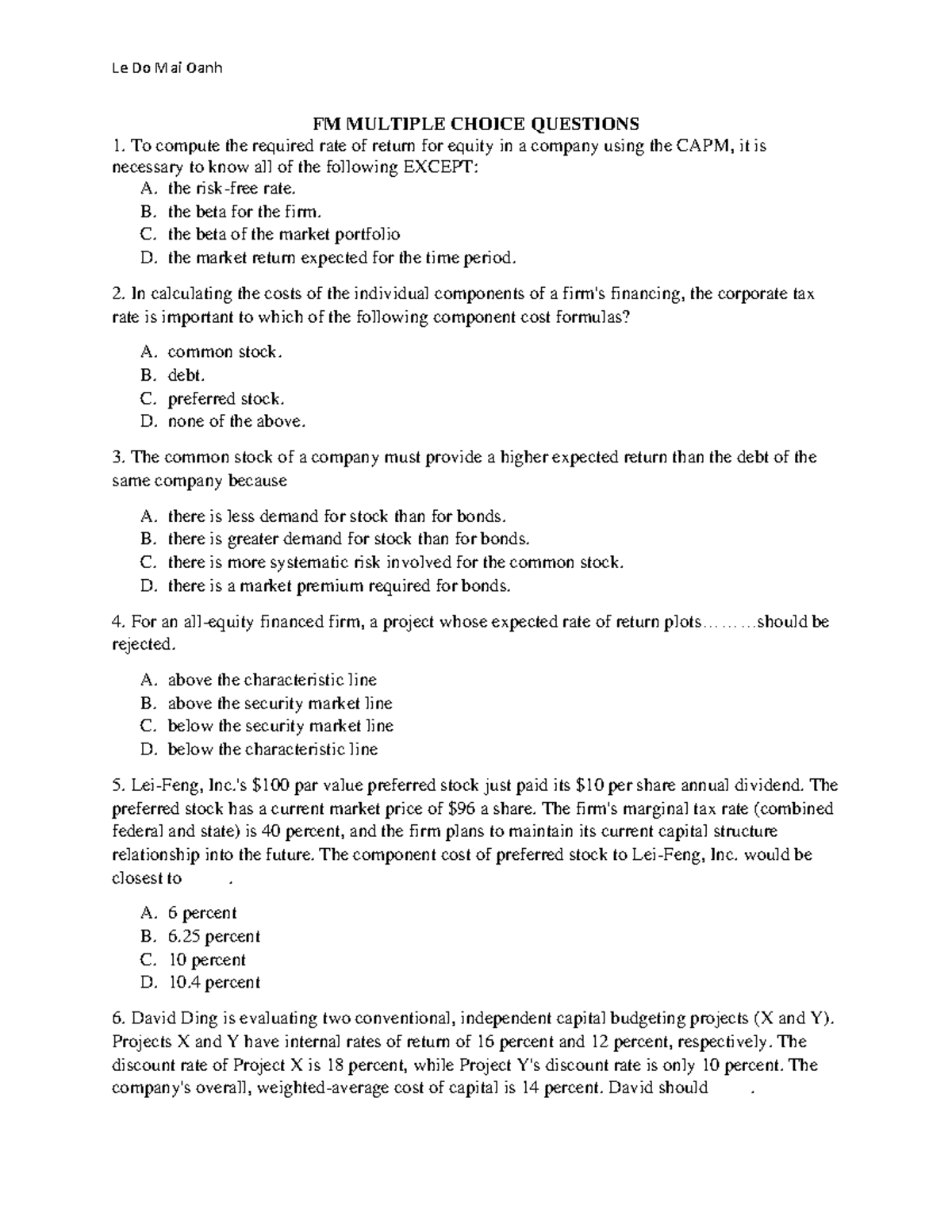 FM Multiple Choice Questions 1: CAPM and Cost of Capital Concepts - Studocu