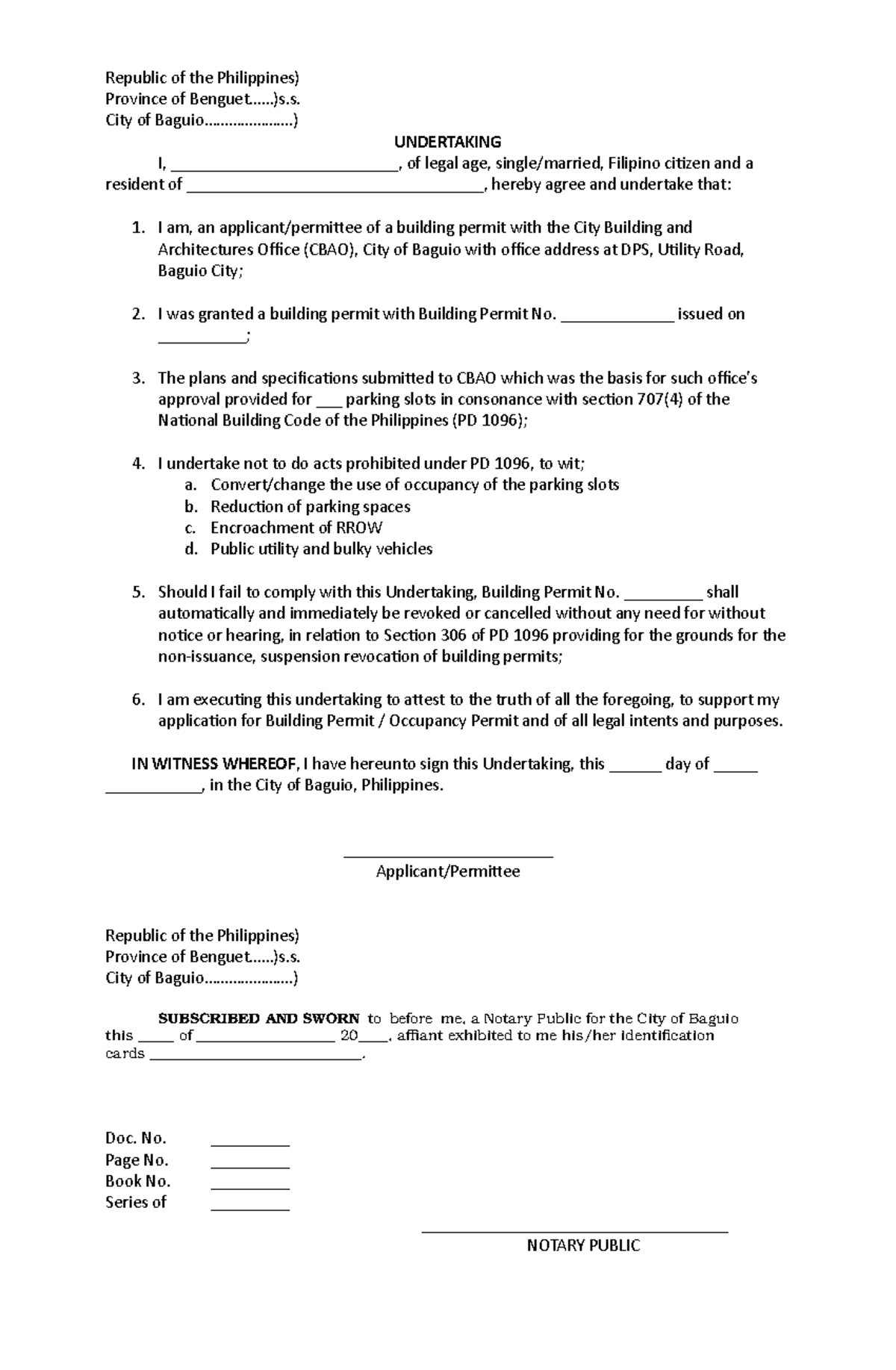 Building Permit Undertaking for City of Baguio (Philippines) - Studocu