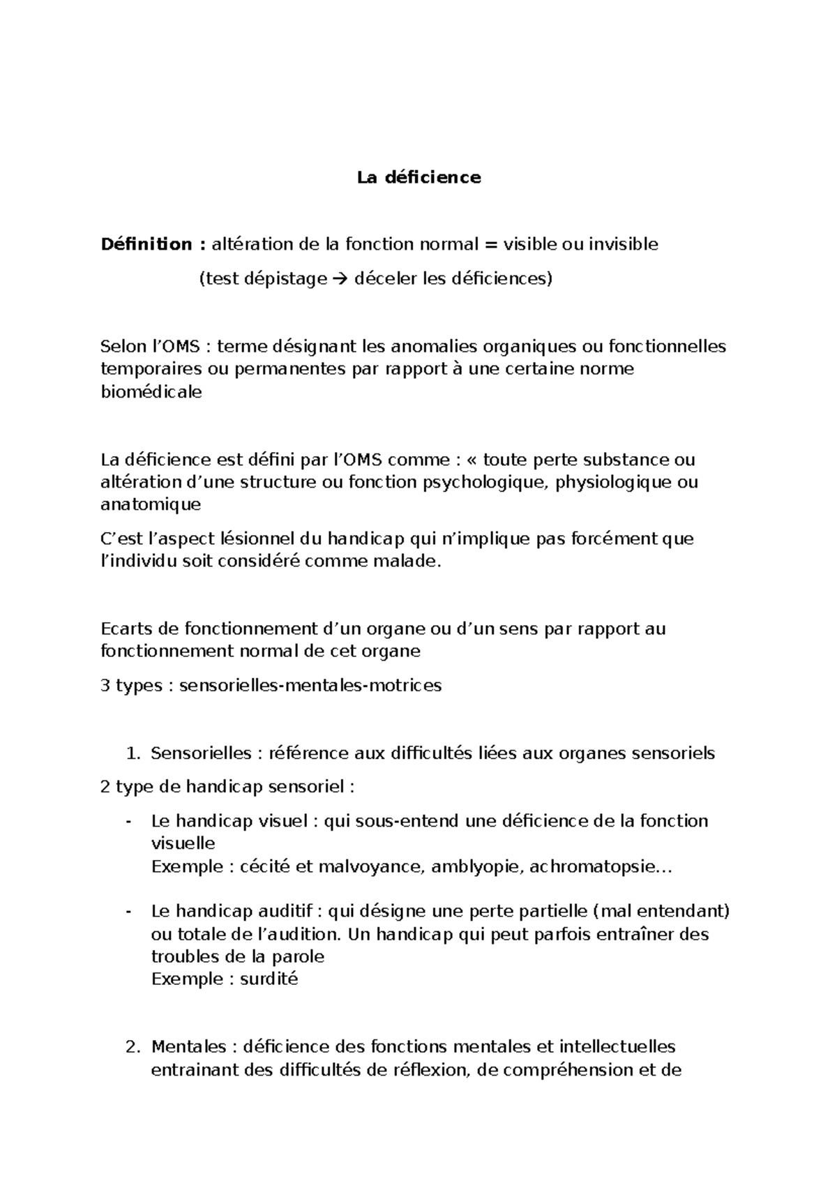 Déficience motrices - La déficience Définition : altération de la ...