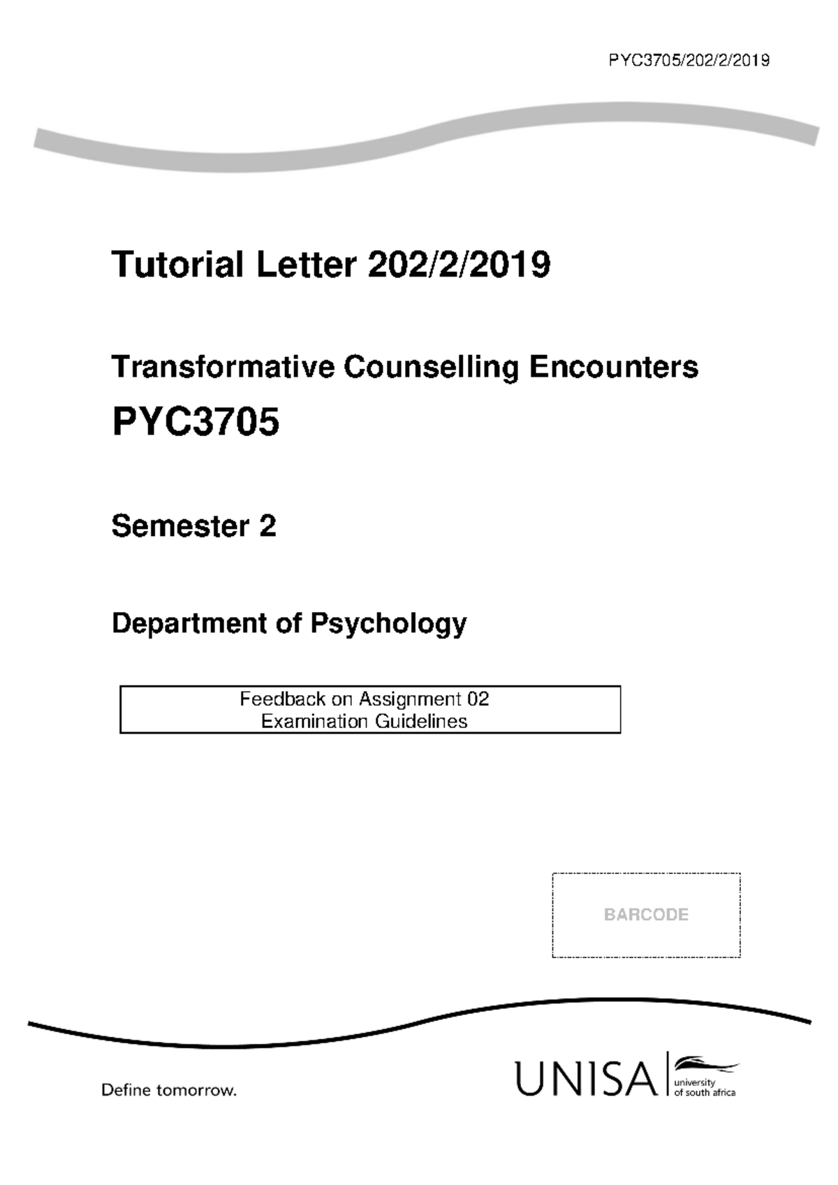 PYC3705 - Transformative Counselling Encounters: Tutorial Letter S2 ...